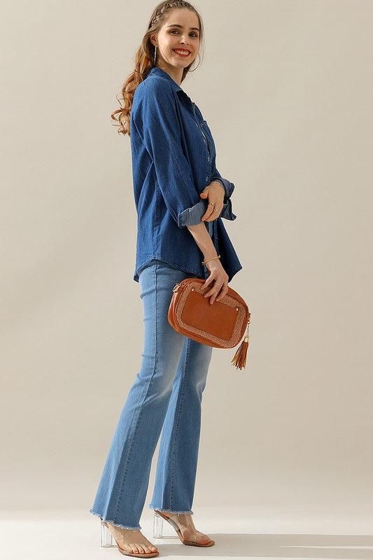 DENIM CHAMBRAY BUTTON UP LONG SLEEVE TOP - Doublju