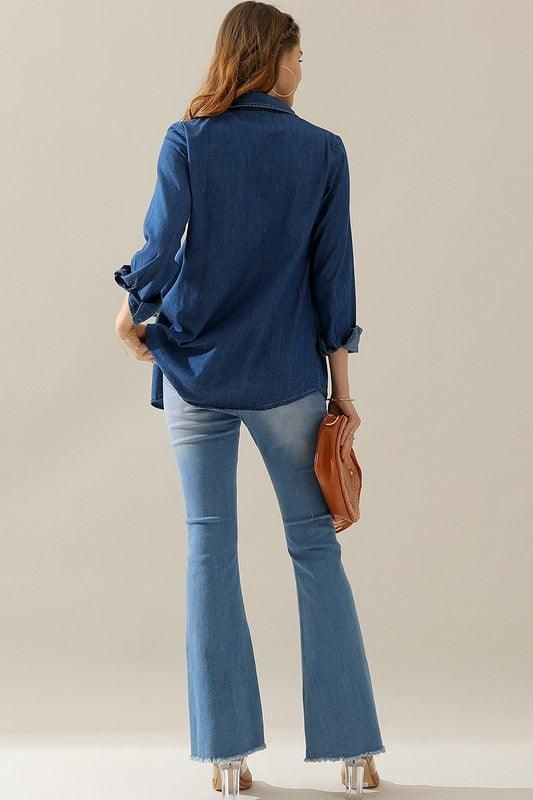 DENIM CHAMBRAY BUTTON UP LONG SLEEVE TOP - Doublju