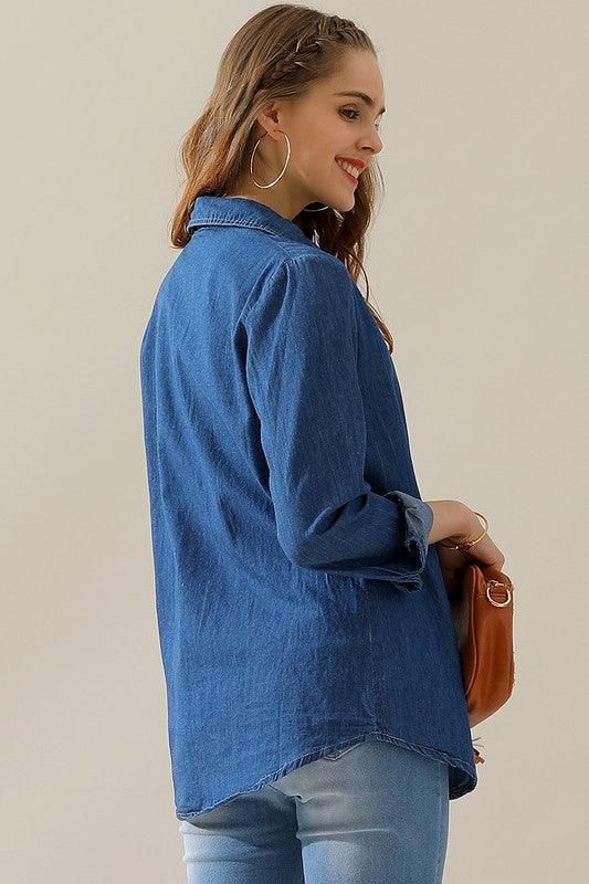 DENIM CHAMBRAY BUTTON UP LONG SLEEVE TOP - Doublju