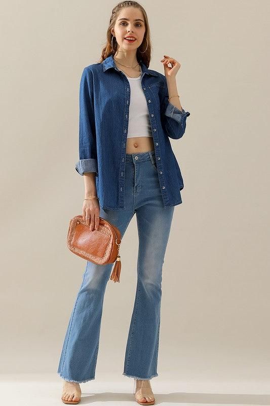 DENIM CHAMBRAY BUTTON UP LONG SLEEVE TOP - Doublju