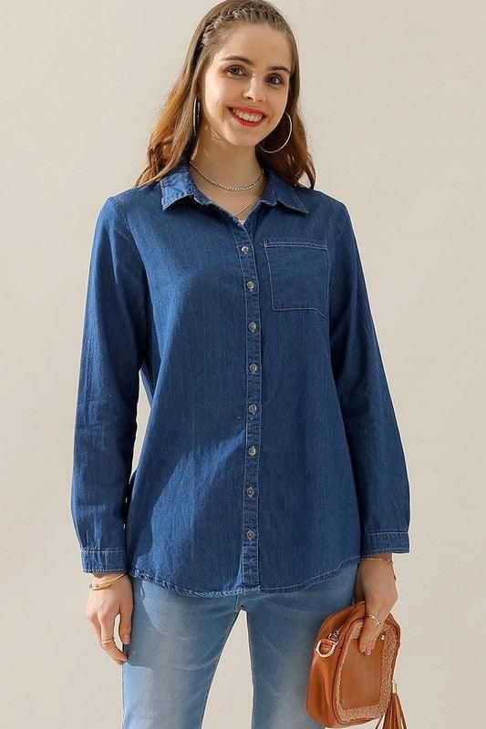 DENIM CHAMBRAY BUTTON UP LONG SLEEVE TOP - Doublju