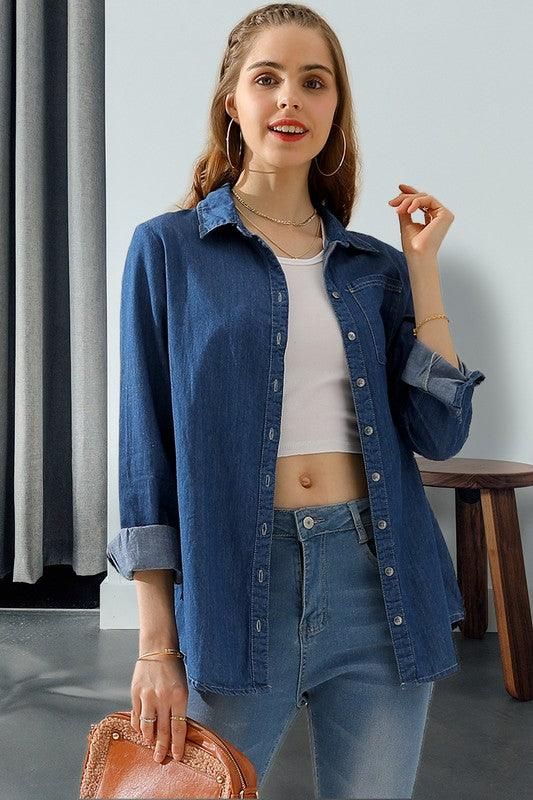 DENIM CHAMBRAY BUTTON UP LONG SLEEVE TOP - Doublju