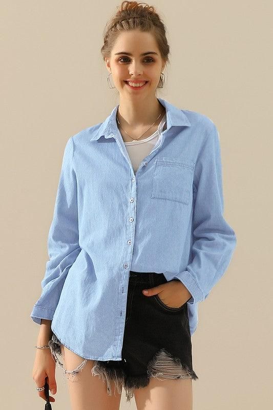 DENIM CHAMBRAY BUTTON UP LONG SLEEVE TOP - Doublju