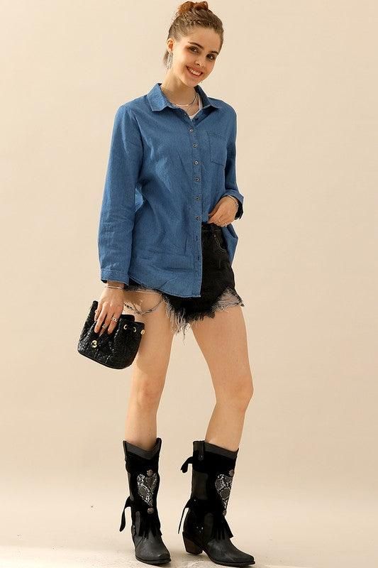 DENIM CHAMBRAY BUTTON UP LONG SLEEVE TOP - Doublju