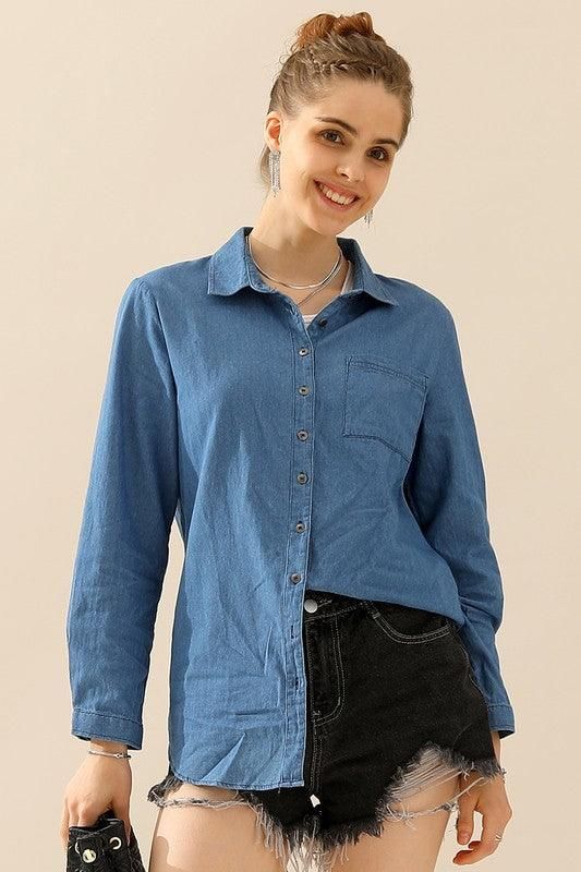 DENIM CHAMBRAY BUTTON UP LONG SLEEVE TOP - Doublju