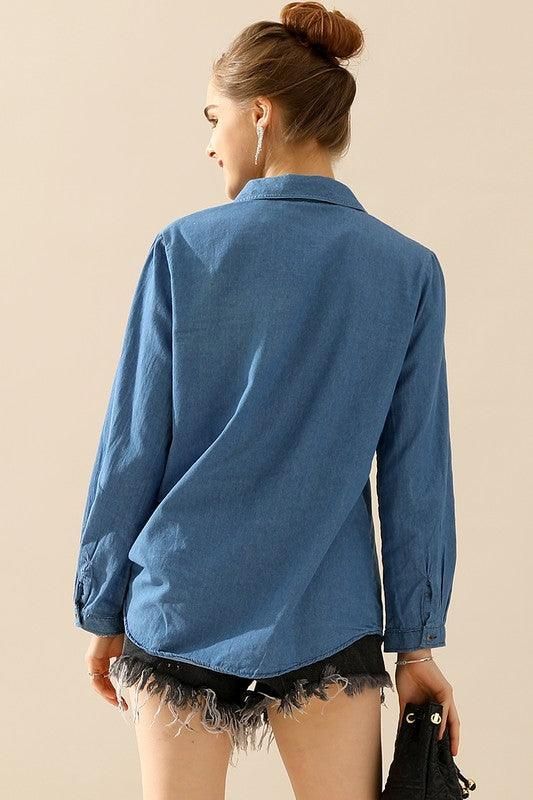 DENIM CHAMBRAY BUTTON UP LONG SLEEVE TOP - Doublju