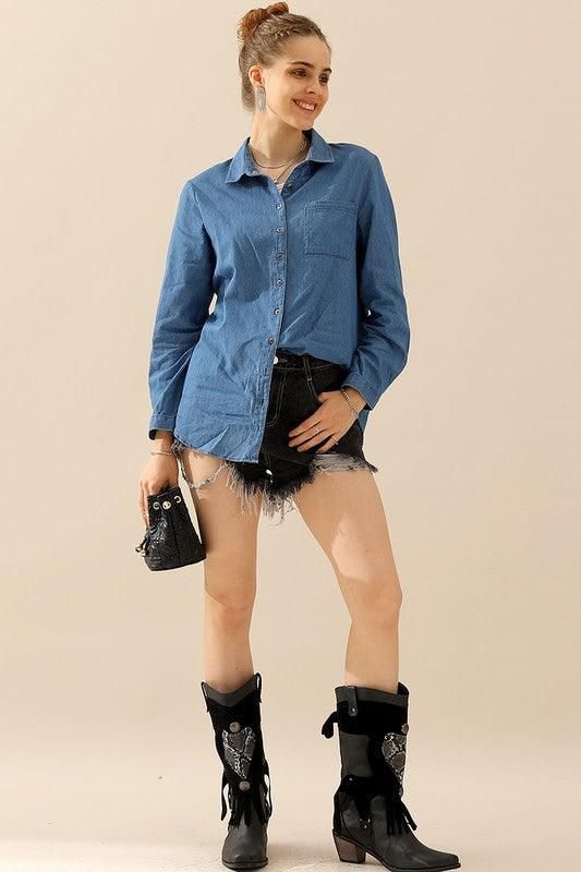 DENIM CHAMBRAY BUTTON UP LONG SLEEVE TOP - Doublju