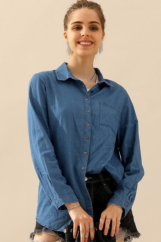 DENIM CHAMBRAY BUTTON UP LONG SLEEVE TOP - Doublju