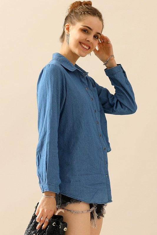 DENIM CHAMBRAY BUTTON UP LONG SLEEVE TOP - Doublju