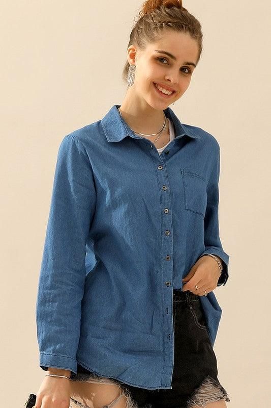 DENIM CHAMBRAY BUTTON UP LONG SLEEVE TOP - Doublju