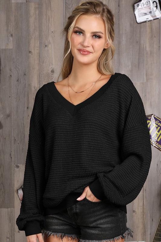 V NECK LONG SLEEVE WAFFLE KNIT TOP - Doublju