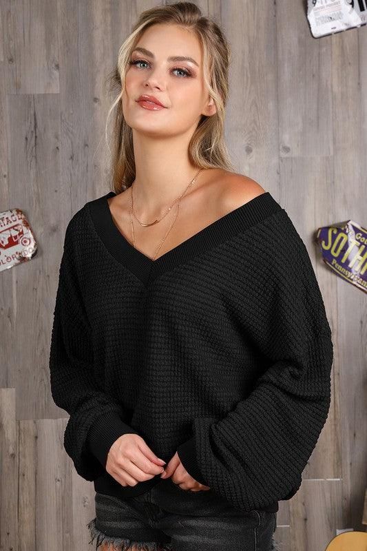 V NECK LONG SLEEVE WAFFLE KNIT TOP - Doublju