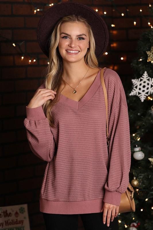 V NECK LONG SLEEVE WAFFLE KNIT TOP - Doublju