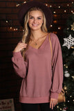 V NECK LONG SLEEVE WAFFLE KNIT TOP - Doublju