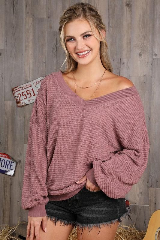 V NECK LONG SLEEVE WAFFLE KNIT TOP - Doublju