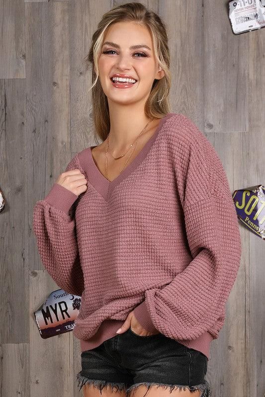 V NECK LONG SLEEVE WAFFLE KNIT TOP - Doublju