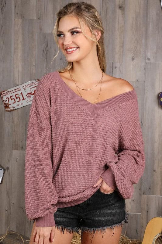 V NECK LONG SLEEVE WAFFLE KNIT TOP - Doublju