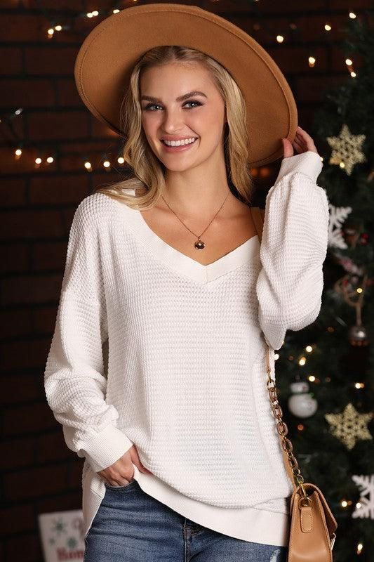 V NECK LONG SLEEVE WAFFLE KNIT TOP - Doublju