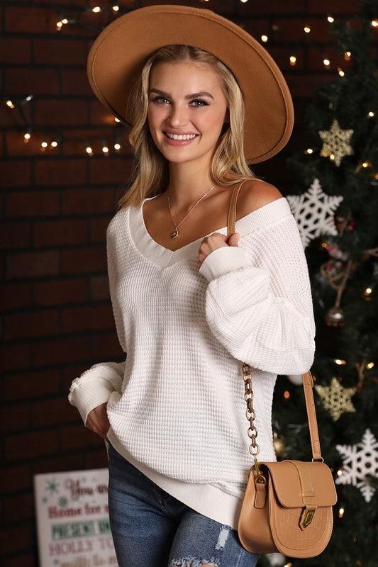 V NECK LONG SLEEVE WAFFLE KNIT TOP - Doublju