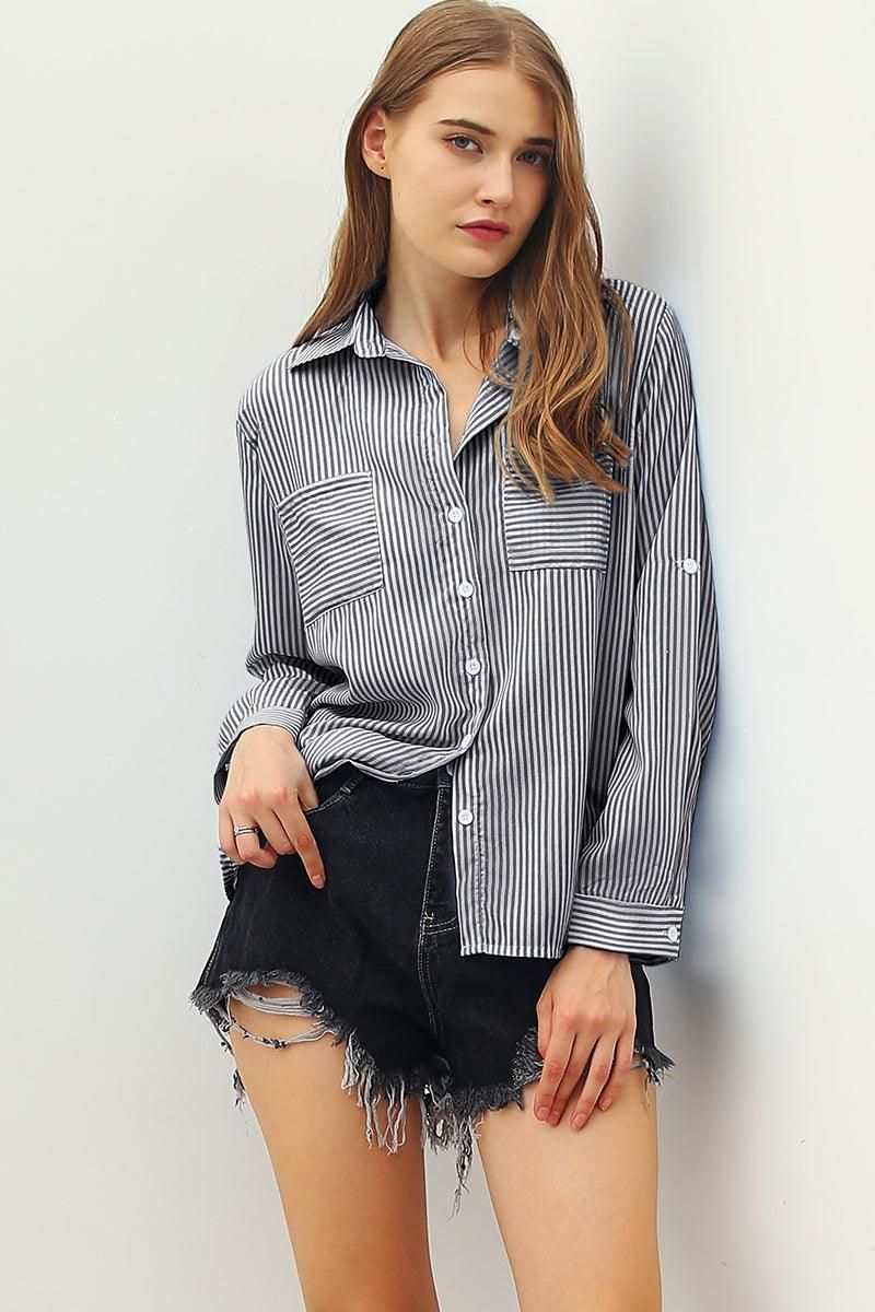 BUTTON DOWN VERTICAL STRIPE TWO POCKETS SHIRTS - Doublju