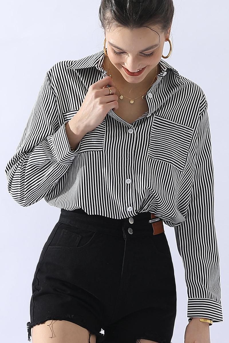 BUTTON DOWN VERTICAL STRIPE TWO POCKETS SHIRTS - Doublju