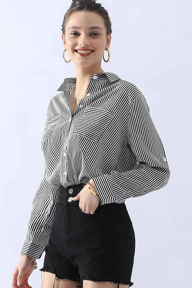 BUTTON DOWN VERTICAL STRIPE TWO POCKETS SHIRTS - Doublju