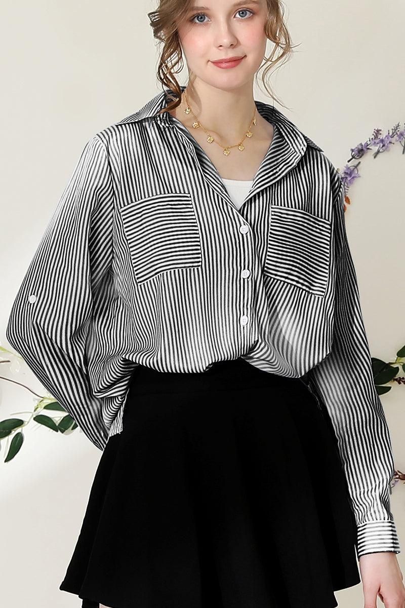 BUTTON DOWN VERTICAL STRIPE TWO POCKETS SHIRTS - Doublju