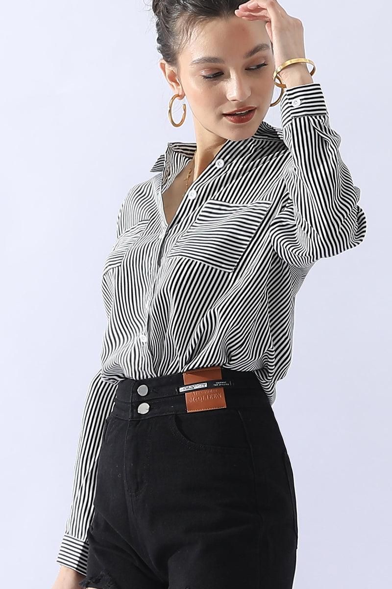 BUTTON DOWN VERTICAL STRIPE TWO POCKETS SHIRTS - Doublju