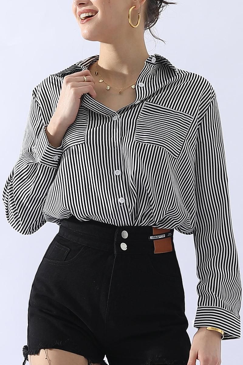 BUTTON DOWN VERTICAL STRIPE TWO POCKETS SHIRTS - Doublju