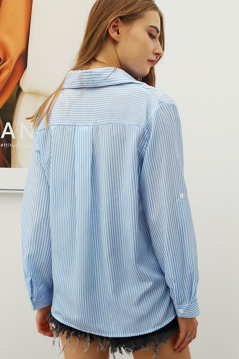 BUTTON DOWN VERTICAL STRIPE TWO POCKETS SHIRTS - Doublju