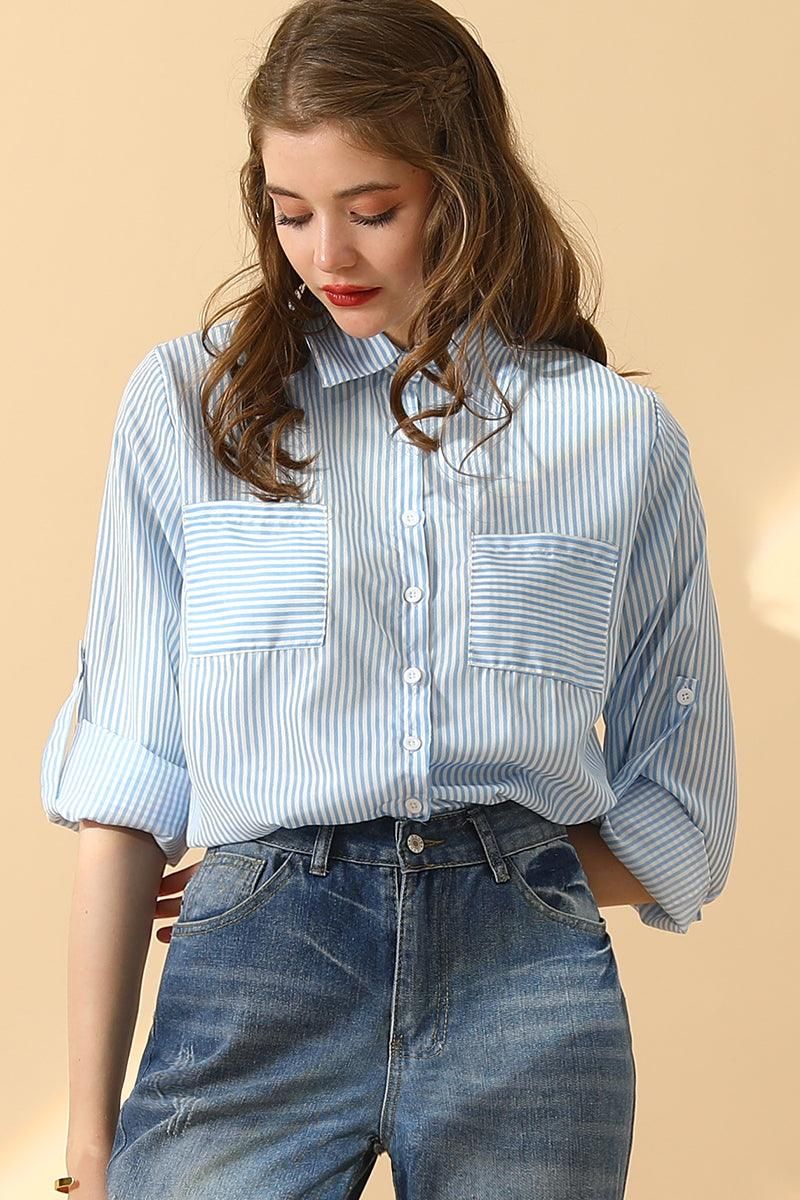 BUTTON DOWN VERTICAL STRIPE TWO POCKETS SHIRTS - Doublju