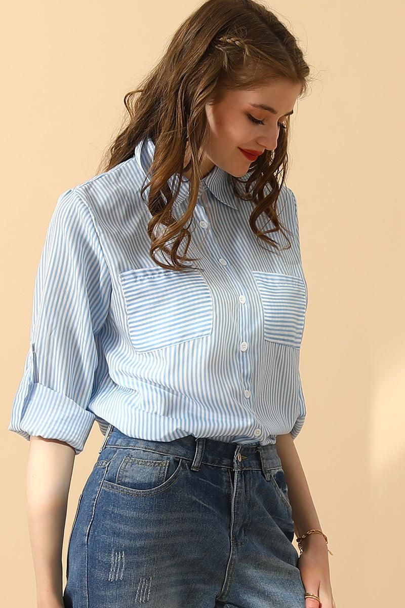 BUTTON DOWN VERTICAL STRIPE TWO POCKETS SHIRTS - Doublju