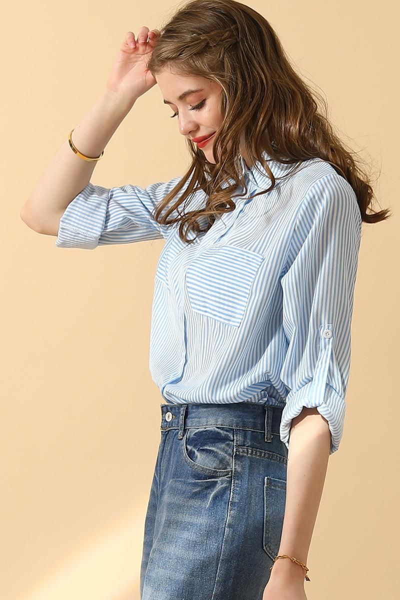 BUTTON DOWN VERTICAL STRIPE TWO POCKETS SHIRTS - Doublju