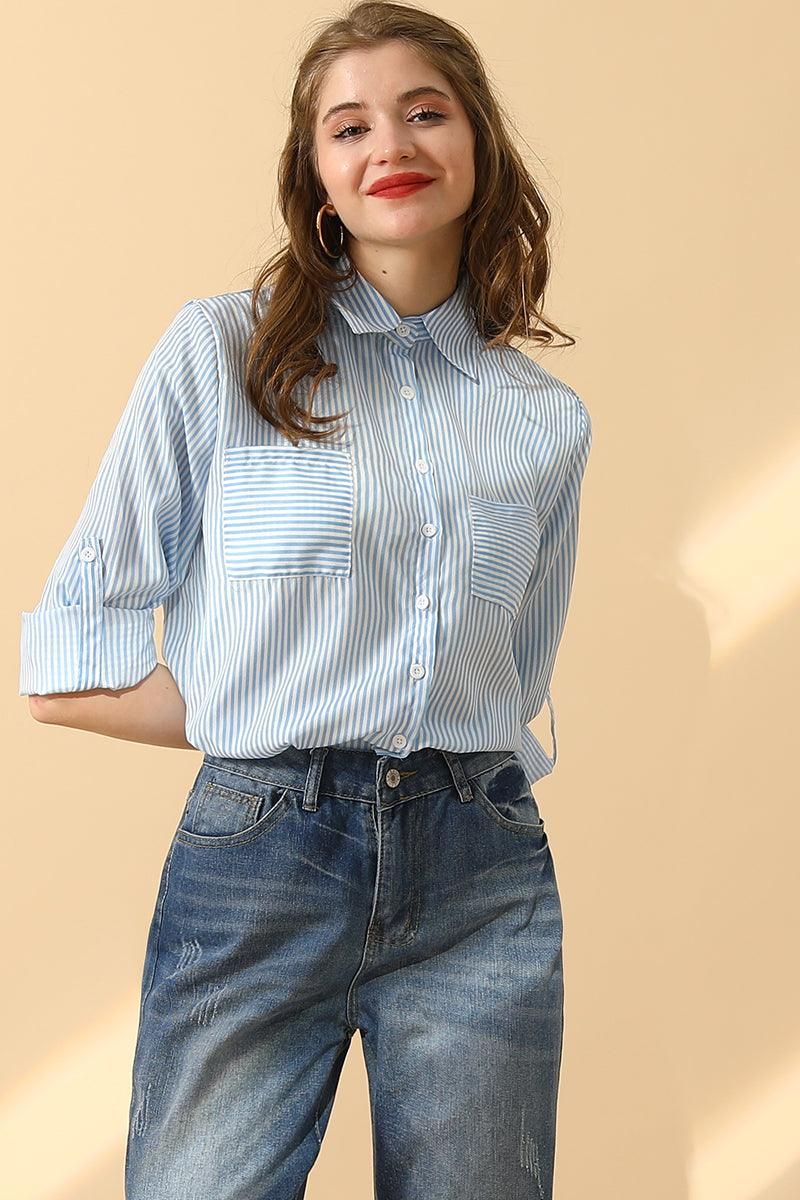 BUTTON DOWN VERTICAL STRIPE TWO POCKETS SHIRTS - Doublju