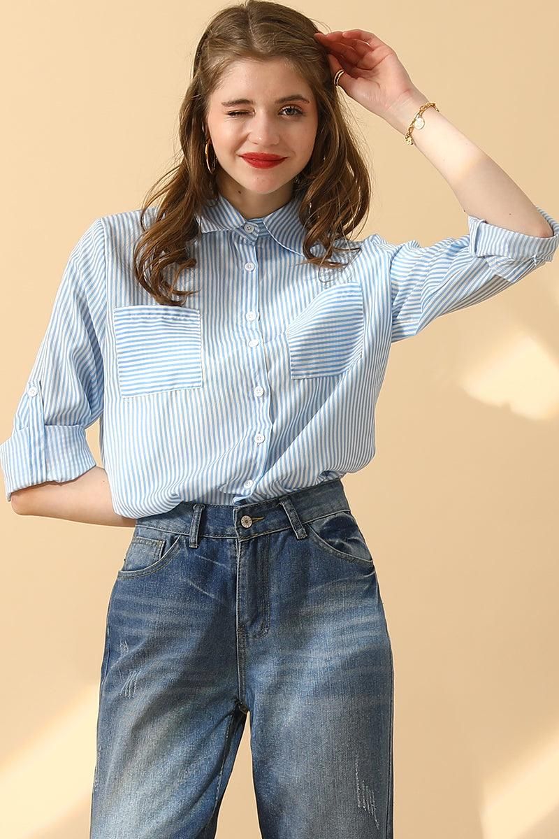 BUTTON DOWN VERTICAL STRIPE TWO POCKETS SHIRTS - Doublju