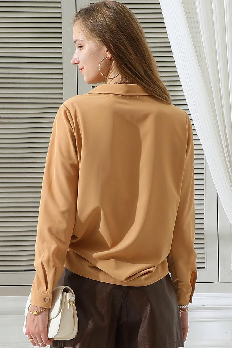 BOTTON DOWN LONG SLEEVE BLOUSE SHIRTS TOP WITH POCKETS - Doublju