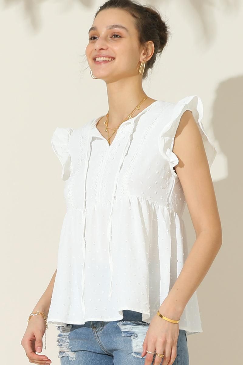 TIED NECK FLOUNCE SHORT SLEEVE CASUAL TOP - Doublju