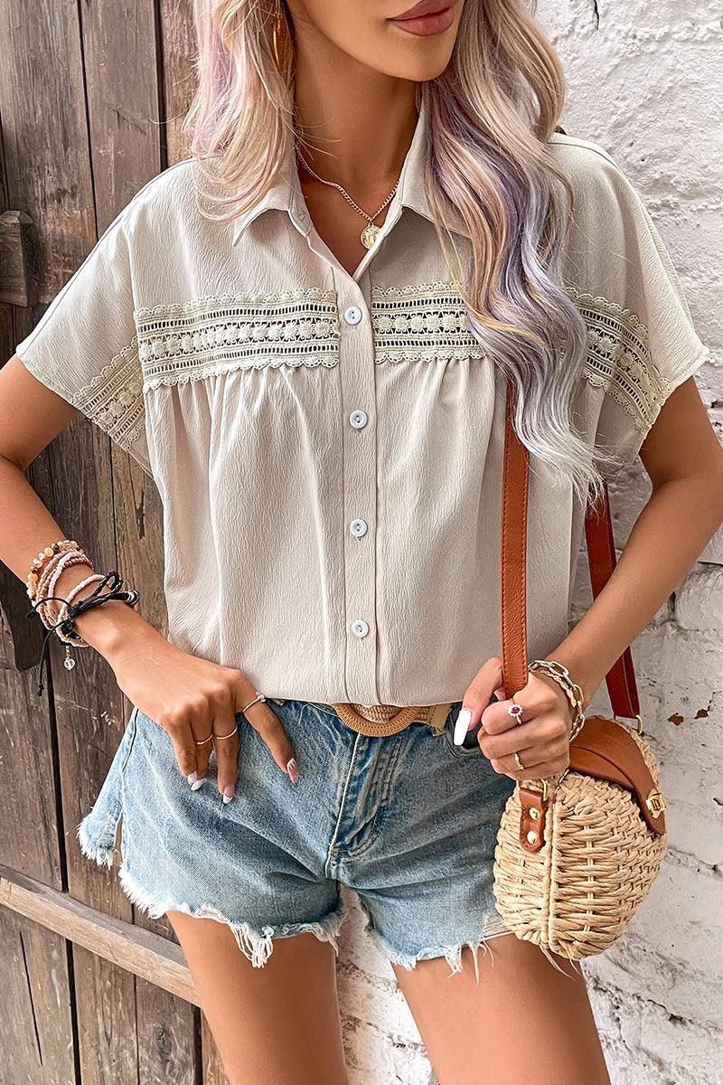 LACE POINT BUTTON UP LOOSE COLLAR SHIRTS - Doublju