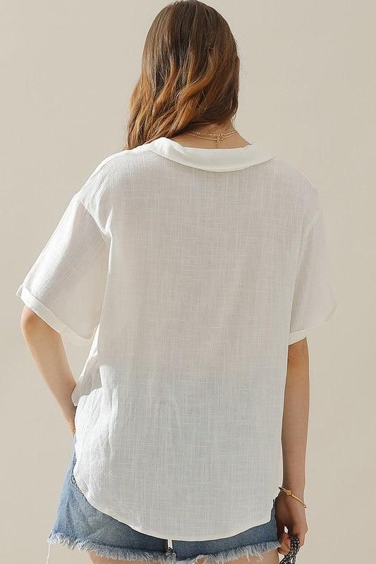 V COLLAR NECK BUTTON LOOSE LINEN SHIRTS - Doublju