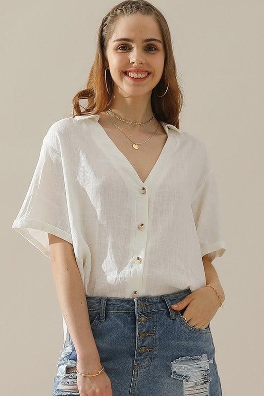 V COLLAR NECK BUTTON LOOSE LINEN SHIRTS - Doublju