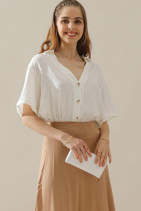 V COLLAR NECK BUTTON LOOSE LINEN SHIRTS - Doublju