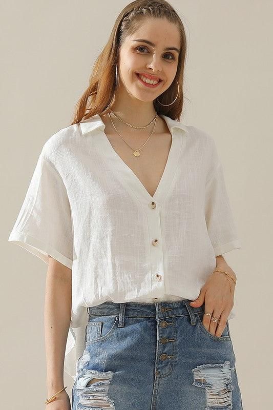 V COLLAR NECK BUTTON LOOSE LINEN SHIRTS - Doublju