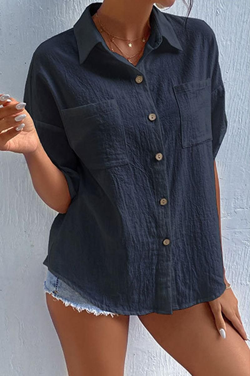 ROLL UP POCKET BUTTON UP LOOSE COLLAR SHIRTS - Doublju