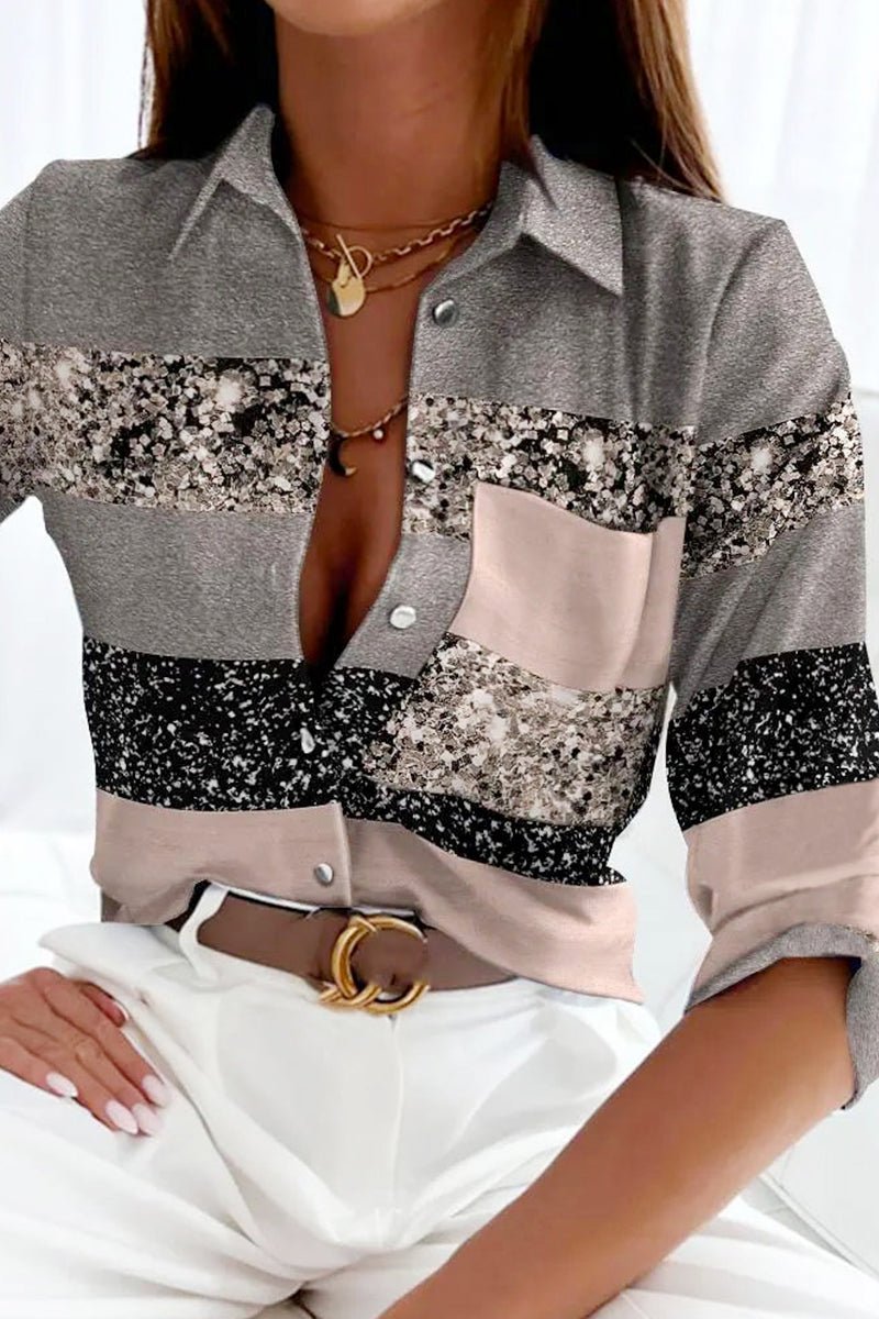 WOMEN'S SHIRT BLOUSE COLOR BLOCK BUTTON PRINT LONG SLEEVE CASUAL BASIC SHIRT COLLAR REGULAR FIT