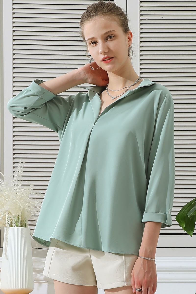 JOHNNY COLLARS 3/4 SLEEVE BLOUSE TOP WITH POCKETS - Doublju