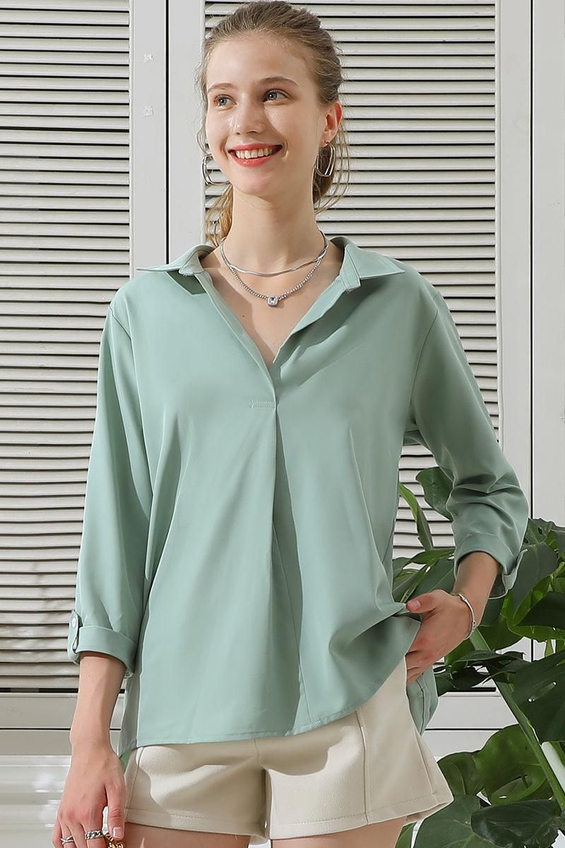 JOHNNY COLLARS 3/4 SLEEVE BLOUSE TOP WITH POCKETS - Doublju