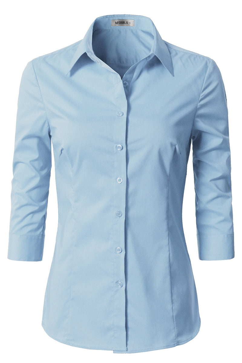 WOMENS BASIC SLIM FIT SIMPLE 3/4 SLEEVE BUTTON DOWN SHIRT WITH PLUS SIZE