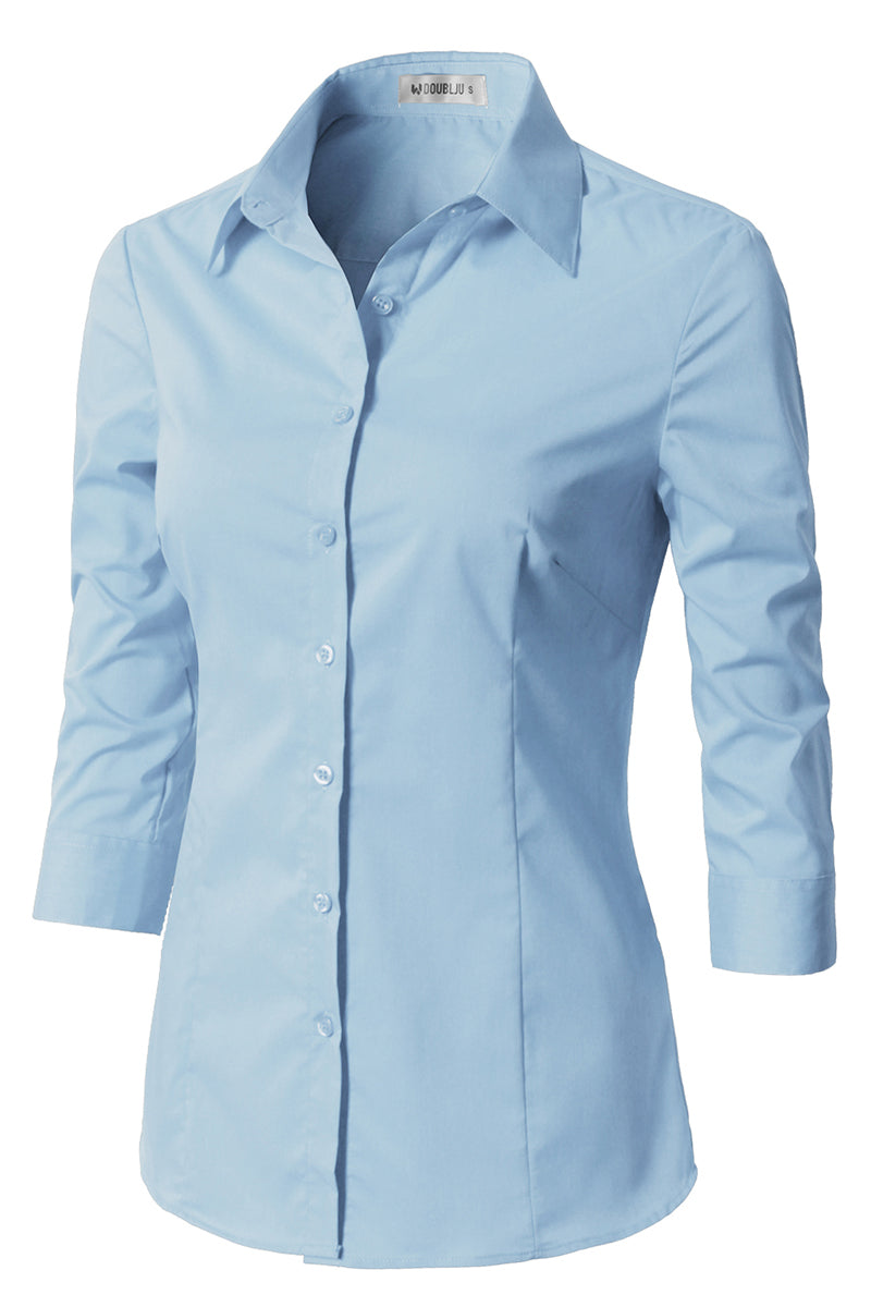 WOMENS BASIC SLIM FIT SIMPLE 3/4 SLEEVE BUTTON DOWN SHIRT WITH PLUS SIZE