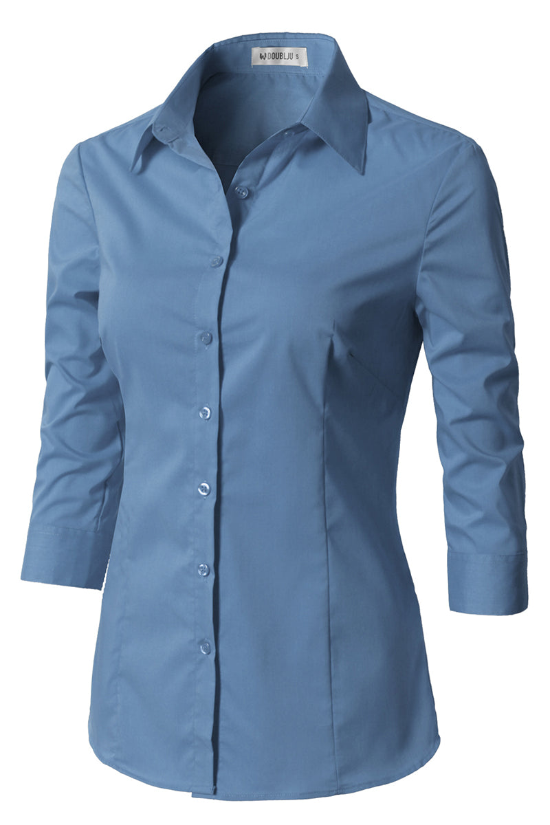 WOMENS BASIC SLIM FIT SIMPLE 3/4 SLEEVE BUTTON DOWN SHIRT WITH PLUS SIZE