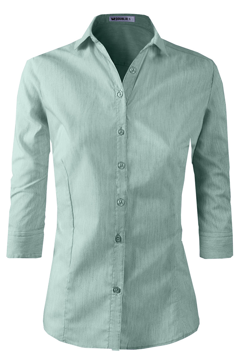 WOMENS BASIC SLIM FIT SIMPLE 3/4 SLEEVE BUTTON DOWN SHIRT WITH PLUS SIZE